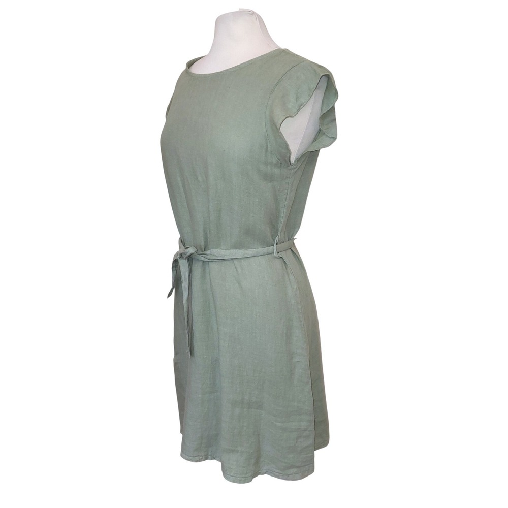 Terzo Millennio of Italy Sage Green 100% Linen Belted Flutter Sleeve Sundress M - Picture 2 of 7